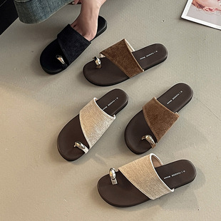 Rhinestone Korean Style Niche One-Line Slippers for Women Summer Retro Fashion Flat Sandals Breathable Casual Sandals