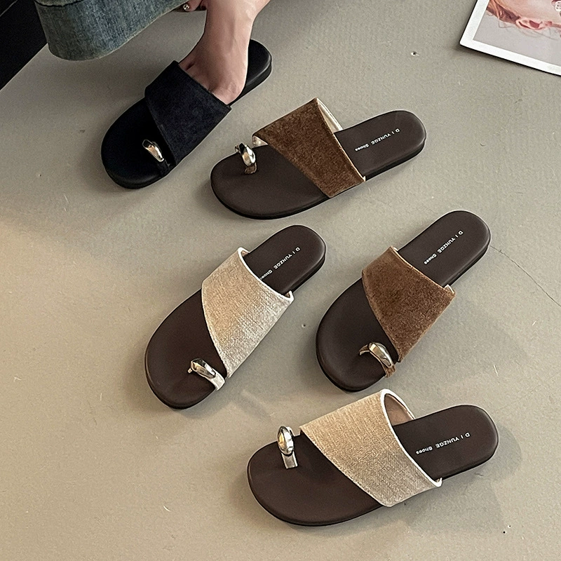 Женские летние ретро-сандалии в корейском стиле с камнями, плоские дышащие повседневные сандалии для женщин