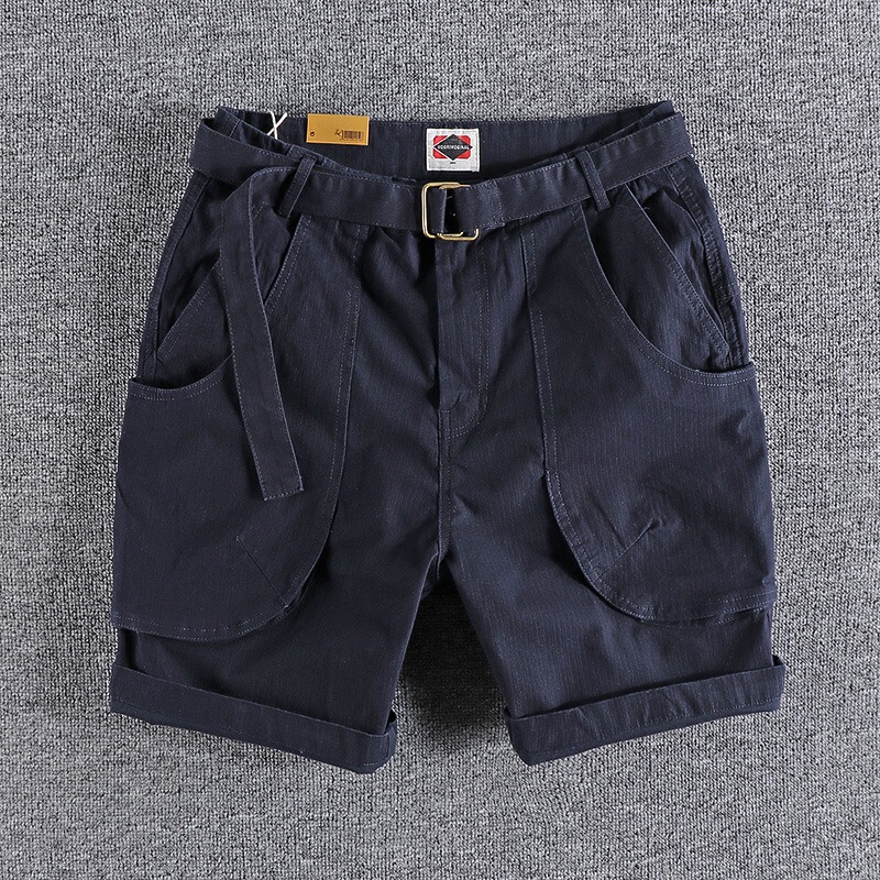 Men's Casual Shorts with Large Pockets, Washed Vertical Stripe Woven Fabric, Japanese Retro Trendy Cargo Mid-Length Shorts