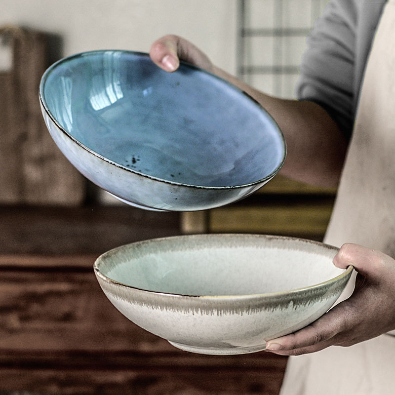 Japanese-Style Retro Ceramic Bowl Salad Bowl Household Tableware Dish Bowl with Minor Flaws Large Capacity 8-Inch 6B&