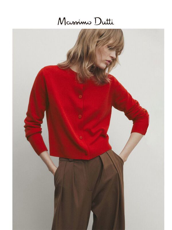 Massimodutti Women's 2026 Spring New Year Red Wool Blend Short Round Neck Knitted Cardigan Jacket