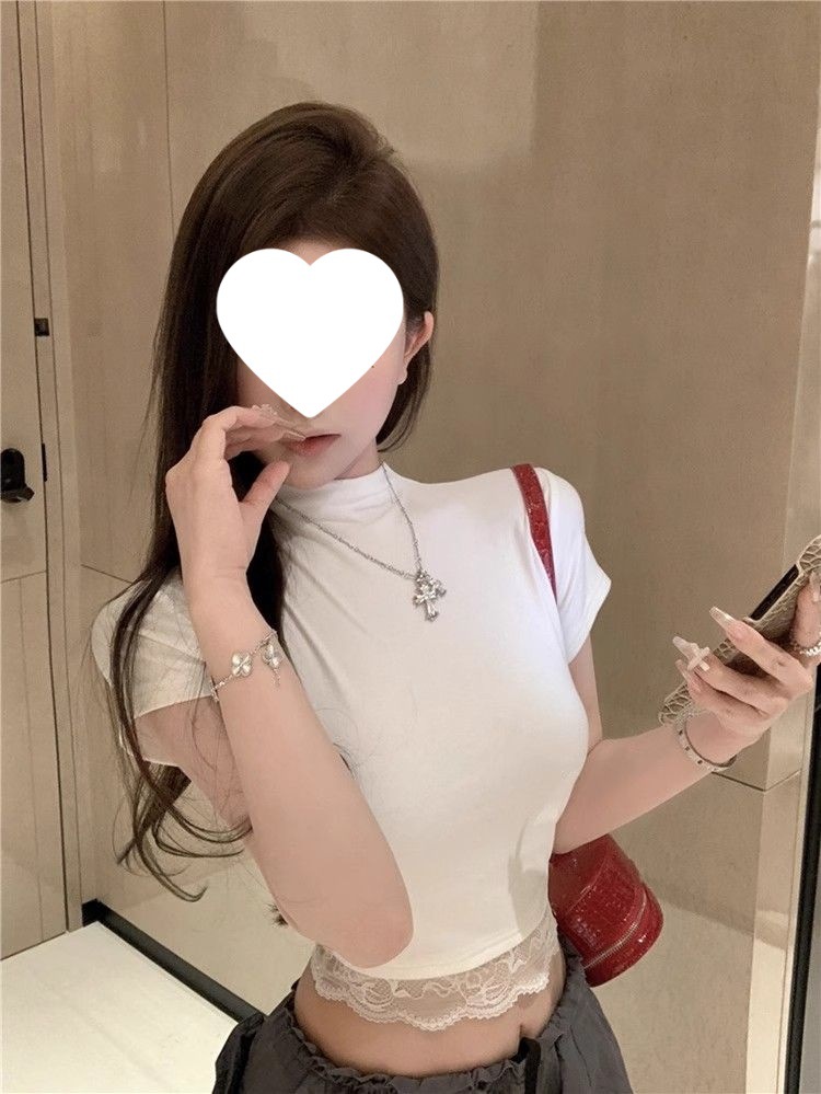 [260g 맨면 모달] 반쪽 목 스파이스 레이스 바느질 짧은 소매 티셔츠 여성용 슬림핏 쇼트 탑