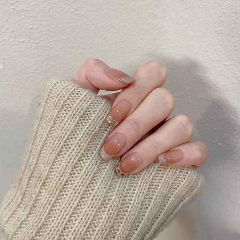 Handmade Nails, Golden Light Brown Milk Tea Style, French Short Style, Atmospheric Nails, High-End, Simple and Whitening Manicure Handmade Nails, Golden Light Brown Milk Tea Style, French Short Style, Atmospheric Nails, High-End, Simple and Whitening Manicure