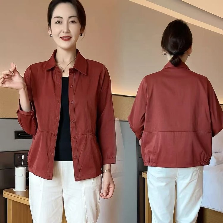 一件代发直播爆款2025春秋季新款妈妈装纯色短外套薄款衬衫女上衣|undefined