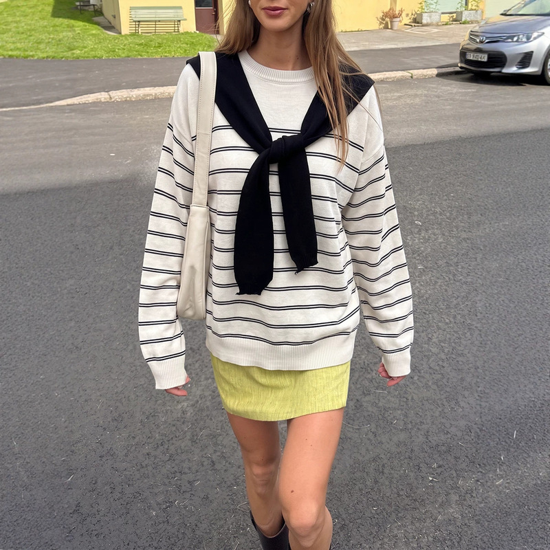 New European and American cross-border two-piece set: detachable navy collar, round neck, striped long-sleeve knit top for women, loose fit New European and American cross-border two-piece set: detachable navy collar, round neck, striped long-sleeve knit top for women, loose fit