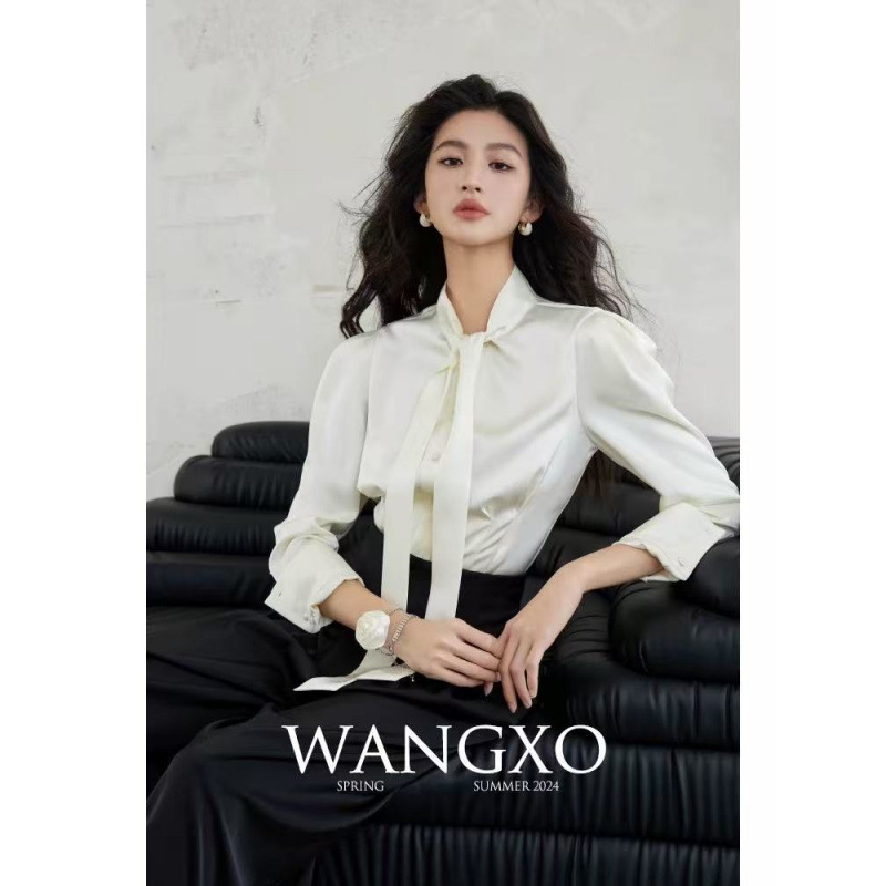 Luxurious and High-End Double-Sided Satin with a Gorgeous Glossy Finish | One-Piece Tie-Neck Long-Sleeved Shirt for Women Luxurious and High-End Double-Sided Satin with a Gorgeous Glossy Finish | One-Piece Tie-Neck Long-Sleeved Shirt for Women