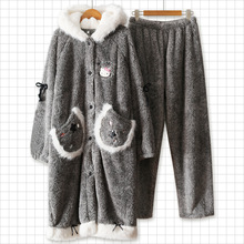 冬季新款猫咪加绒加厚情侣睡衣女睡袍男士套装保暖珊瑚绒家居服