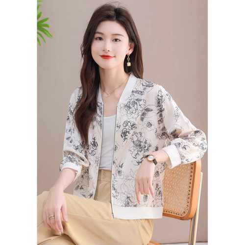 UV-proof thin breathable chiffon zipper sunscreen clothes large size loose short long sleeve women's floral jacket