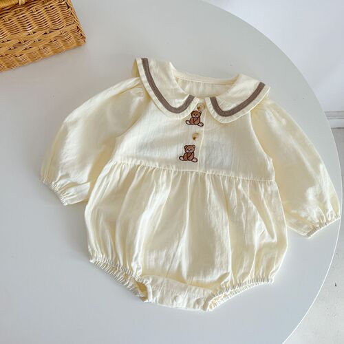 Baby clothes for Korean version of Instagram, autumn infant bear embroidered diaper cover crawling suit with small ears turnover collar triangle halter dress