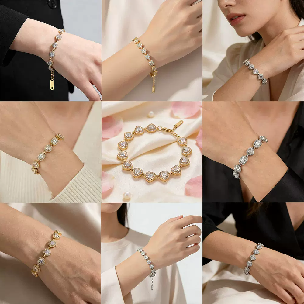 欧美热销不锈钢手链镀18K金爱心立体锆石手链女轻奢东莞钛钢饰品