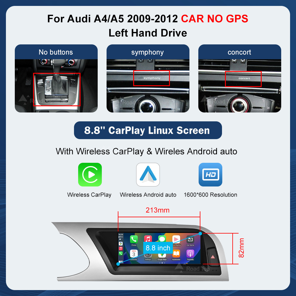 8.9 inch wireless CarPlay display for A4 A5 2009-2012 radio player