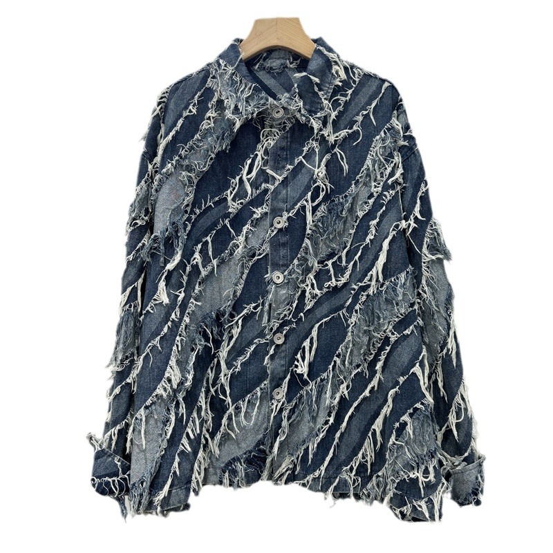 Men's Clothing retro fashion brand loose raw edge design niche high street denim jacket women's jacket_voghion.com