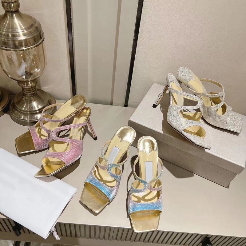 Summer 2023 sexy stiletto heel ultra-high heel sandals open toe colorful sequins hollow-out sandals Korean style women's shoes