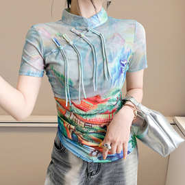2025年设计感高级感国潮盘扣立领短袖印花水墨画T恤女欧货上衣潮