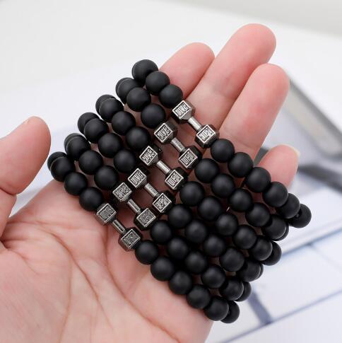 Cross-Border Volcanic Stone Bracelet with Elastic Cord, Matte Alloy Men's Dumbbell Energy Bracelet, Yoga Beaded Bracelet Wholesale Cross-Border Volcanic Stone Bracelet with Elastic Cord, Matte Alloy Men's Dumbbell Energy Bracelet, Yoga Beaded Bracelet Wholesale