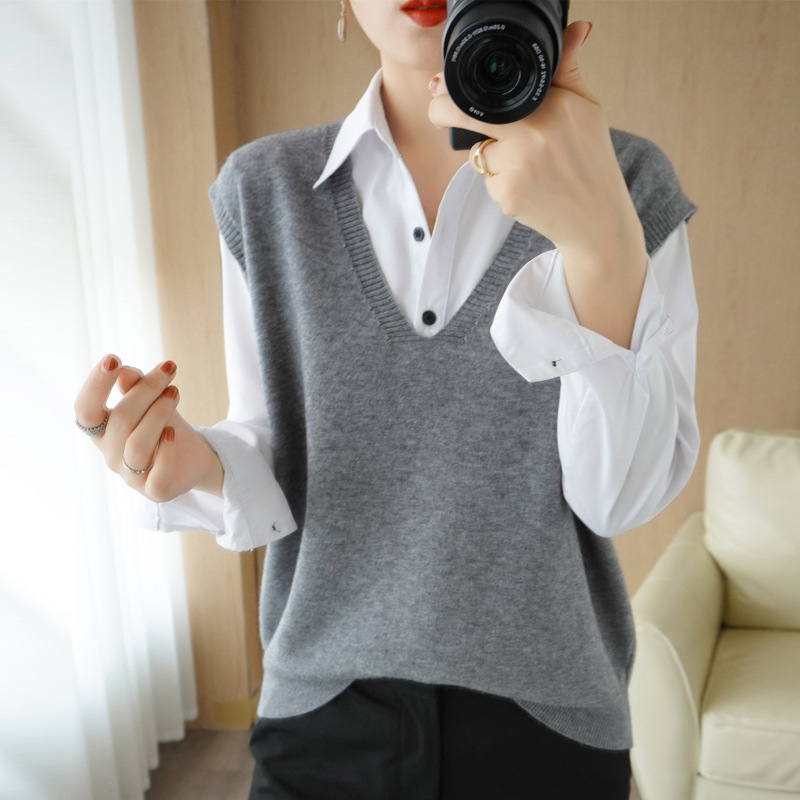 2025春秋装宽松大V领针织无袖背心韩版纯色减龄休闲女式马甲上装