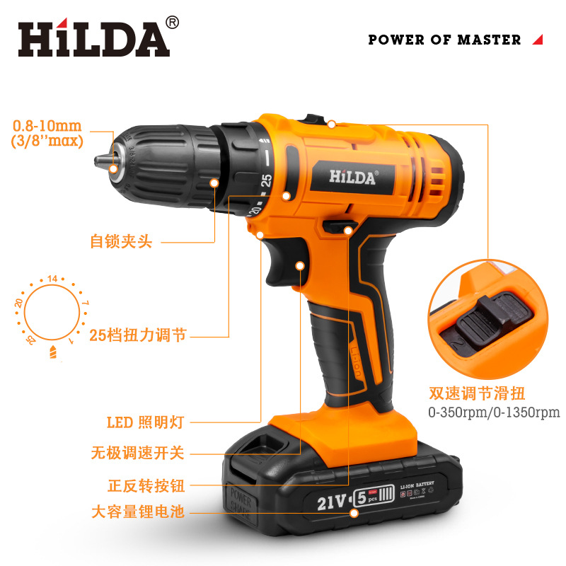 Taladro eléctrico recargable de litio Hilda para uso doméstico, herramientas eléctricas en stock, taladro manual, destornillador eléctrico