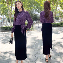 秋季假两件法式连衣裙女2025年新款韩版修身时尚拼接过膝开叉长裙