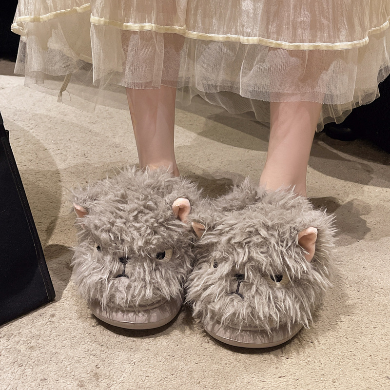 Cute Puff Alpaca Fur Slippers for Women in Autumn and Winter, Cartoon Plush Cotton Slippers with Poop Feeling on the Toe