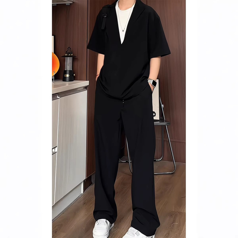 2026 Summer New Men's Faux Two-Piece Shirt and Pants Set, Old Money Style, Loose Fit, Plus Size, Two-Piece Set for Teenagers, Trendy 2026 Summer New Men's Faux Two-Piece Shirt and Pants Set, Old Money Style, Loose Fit, Plus Size, Two-Piece Set for Teenagers, Trendy