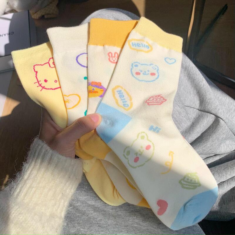 Yellow Style Socks Women's Korean Style Mid-tube Ins Trendy JK Girls Japanese Style Spring and Summer Cute Cartoon Bear KT Mid-tube Socks