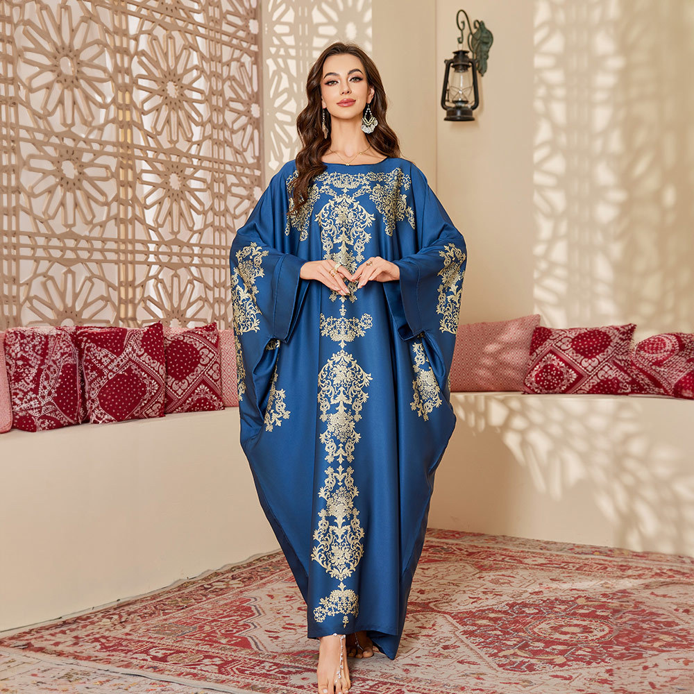 Yaoting transfronterizo nuevo pijama de tamaño grande para mujeres primavera y otoño estilo medio-oriental satén gorgeoso camisa impresa larga bata DP3399