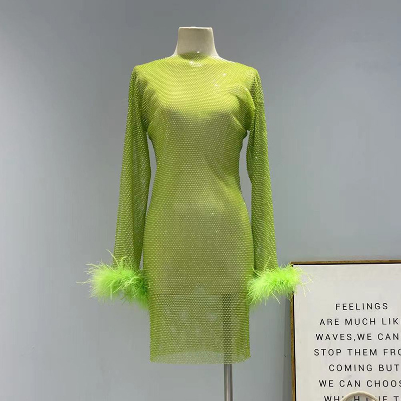 Fashion European Station Luxury Perspective Hollow-out Mesh Ostrich Hair Slim-fit Slimming Base Shirt Full Diamond Dress Trendy