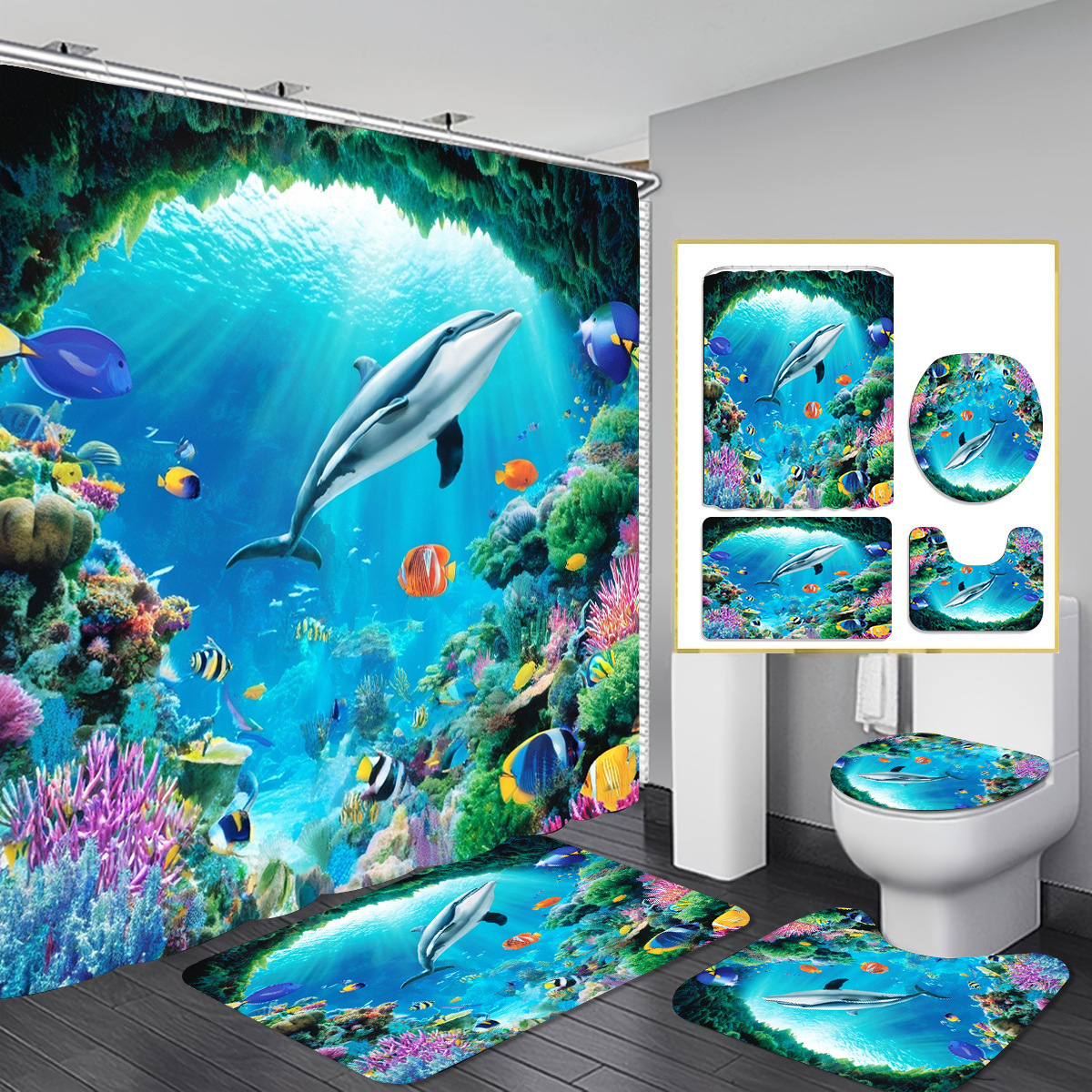 Fuente de fabricantes de cortina de baño transfronteriza de Navidad cuatro piezas cortina de partición de impresión digital vestido de baño