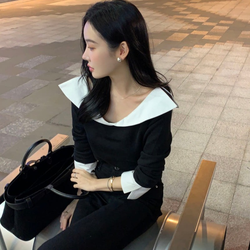 Korean Chic 2025 Autumn New French-Style Niche Simple Color-Blocking Ruffle Patchwork Faux Two-Piece Shirt Top