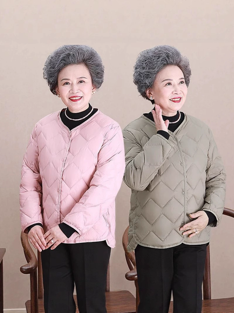 Новая легкая короткая пуховая куртка для женщин среднего и пожилого возраста, без воротника, с круглым вырезом, теплой внутренней подкладкой и стеганой основой.