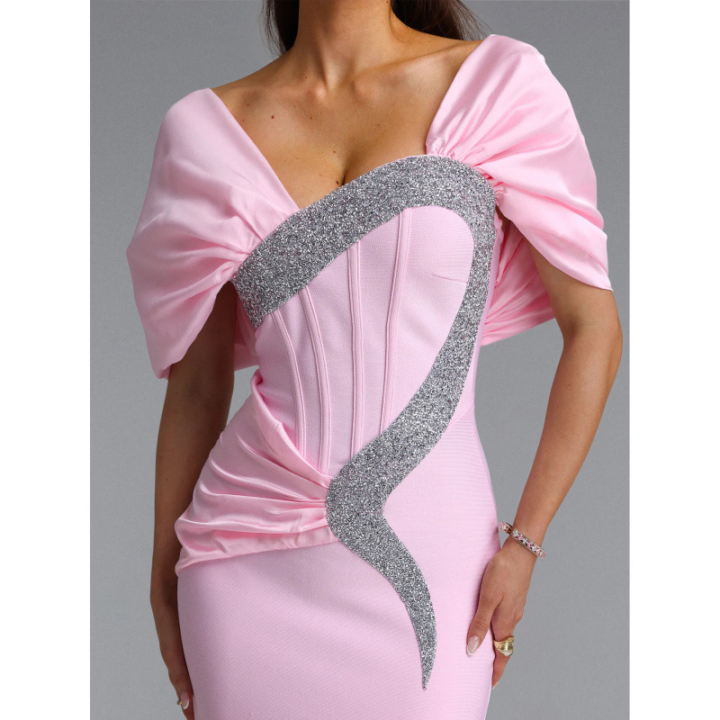 European and American style one-shoulder evening gown with rhinestone embellishments, featuring a fitted silhouette, cinched waist, and long design, perfect for formal occasions European and American style one-shoulder evening gown with rhinestone embellishments, featuring a fitted silhouette, cinched waist, and long design, perfect for formal occasions