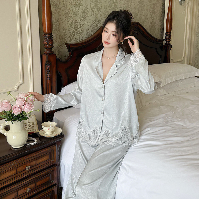 法式新款春季长袖长裤色丁睡衣女士甜美高贵开衫可外穿家居服套装|undefined