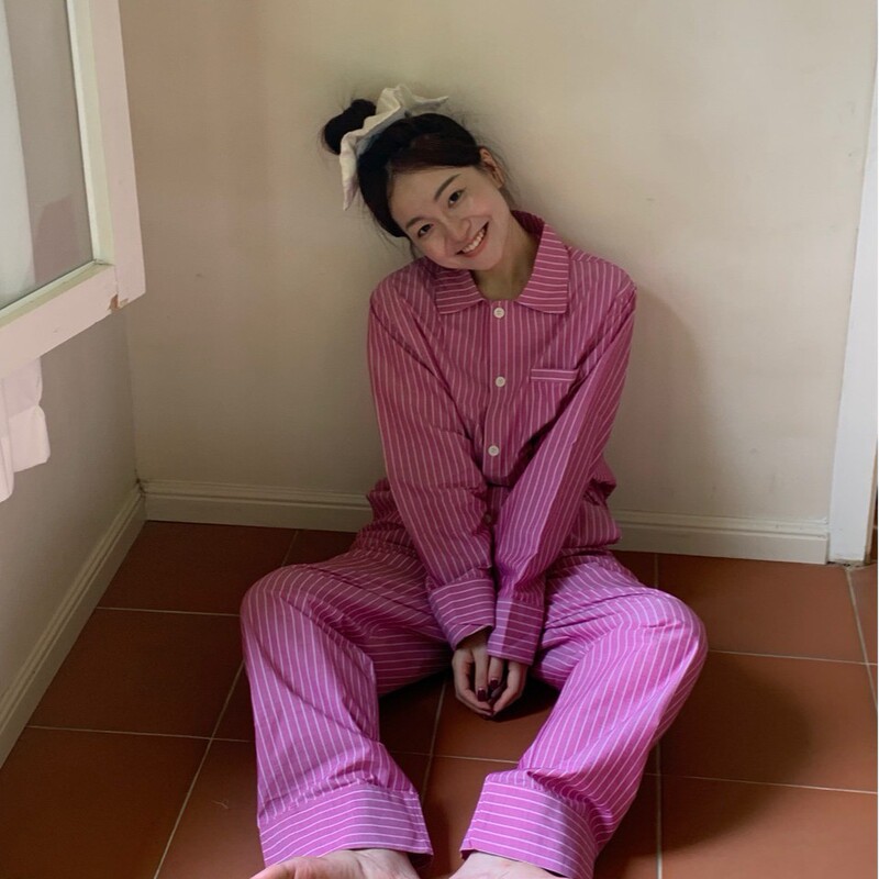 Nonie Studio Korean Raspberry Striped Pajamas Home Wear Autumn New Long-Sleeved Long Pants Nonie Studio Korean Raspberry Striped Pajamas Home Wear Autumn New Long-Sleeved Long Pants
