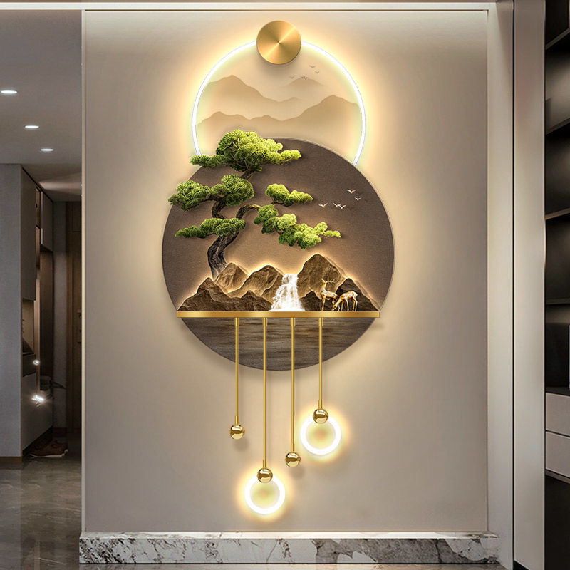 Bienvenido al porche de pino, luminoso, nueve peces, pintura decorativa, luz de lujo, pintura de luz LED, luz de ambiente de paisaje de inducción del corredor Fulu