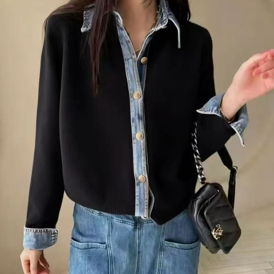 Japanese and Korean 2026 Autumn and Winter Patchwork Denim Polo Collar Knitted Cardigan Loose Casual Sweater Coat Trendy and Elegant
