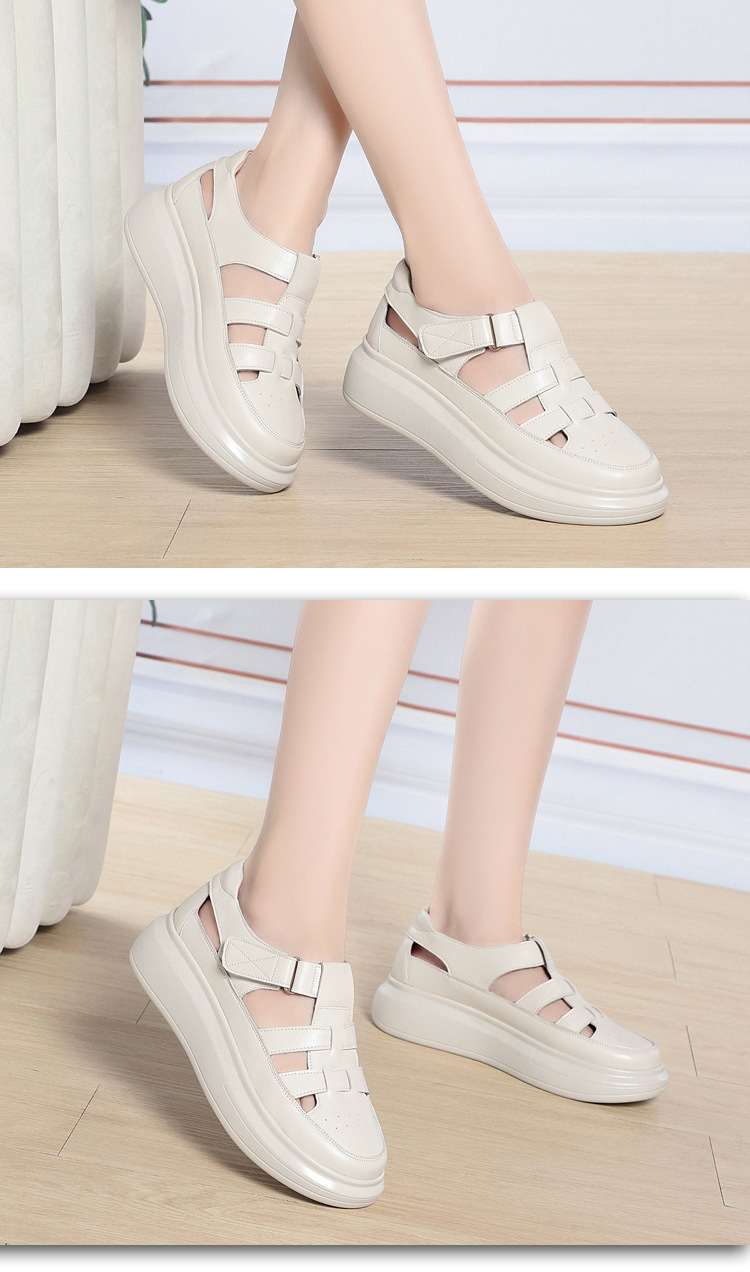 Dép sandal nữ da thật mũi kín quai chữ V đế dày — đen chi tiết 15