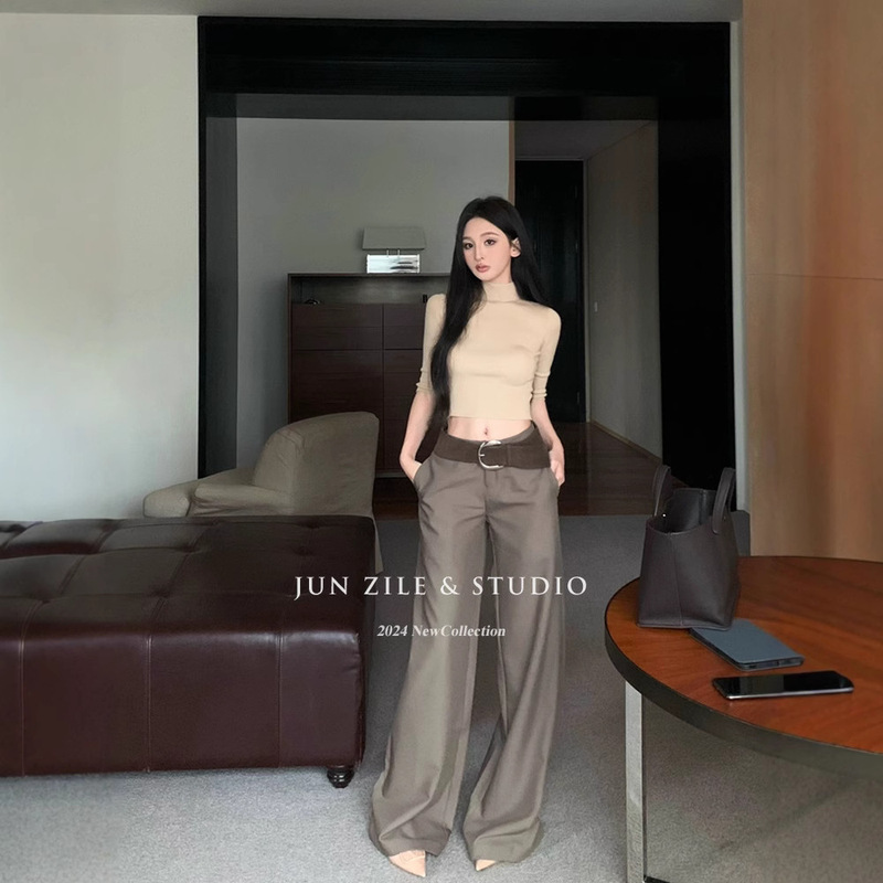 Women's Suit with a High-End Feel, Spring Outfit, Trendy Half-High Collar Knit Top, Low-Waist Straight-Leg Suit Pants, Wide-Leg Long Trousers