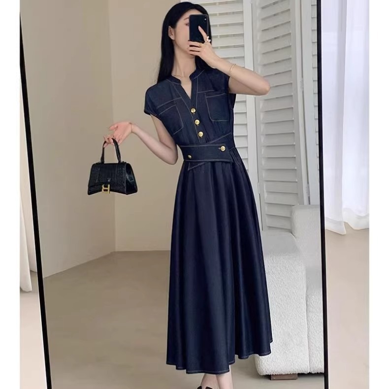 Đầm retro kiểu Pháp nữ thắt eo thanh lịch công sở dáng dài — Xanh lam đậm chi tiết 5