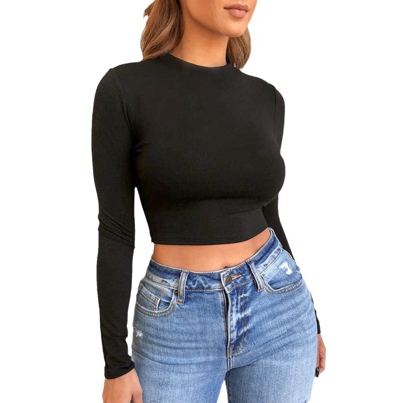 Ropa de mujer europea y americana 2023 Comercio exterior transfronterizo nuevo color sólido básico versátil multicolor manga larga Slim bottoming t-shirt top image 6