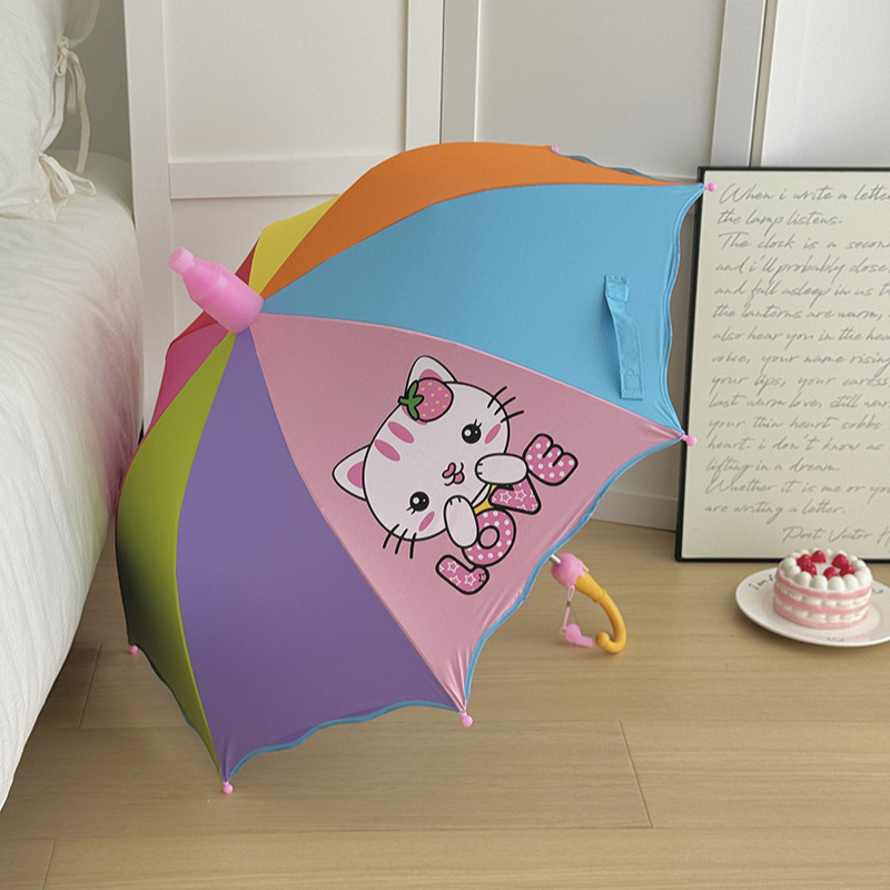 Rainbow Kidsren's Umbrella for Boys and Girls, Primary School Students, Long-Handled Sunny and Rainy Umbrella, Princess Kidsren's Umbrella with Logo Printed on It, Sunshade