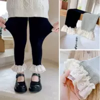 Children's autumn leggings, elastic knit trousers, Korean style with lace ruffle hem, sizes 90–140