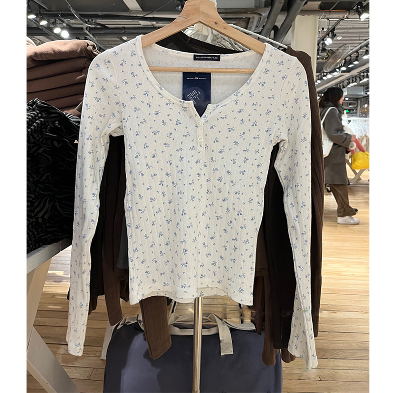 Brandy's Same Style New Luxe Floral Bottoming Top for Women bm Style Three-button Eyelet Long-sleeved Slim T-shirt Trendy