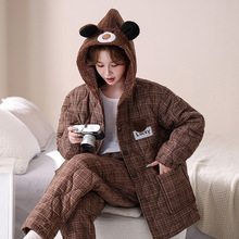冬季三层加厚保暖睡衣女士卡通刺绣连帽家居服胖mm200斤加绒套装