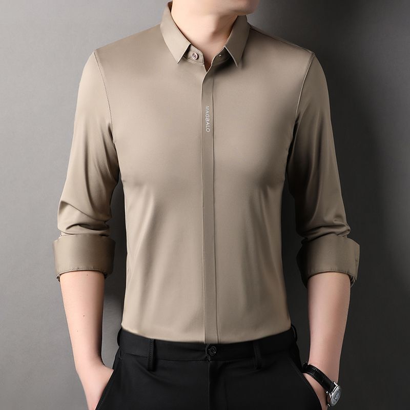 Dark Button Shirt Men's Long-sleeved Spring and Autumn New Business Casual Solid Color Non-ironing Anti-wrinkle Elastic Seamless White Shirt Men's