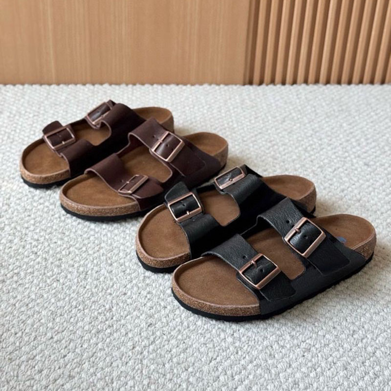 Unlabeled New Double-Button Washed Horsehide Birkenstock Slippers Genuine Leather Retro Comfortable Cork Thick-Soled Sandals for Men and Women