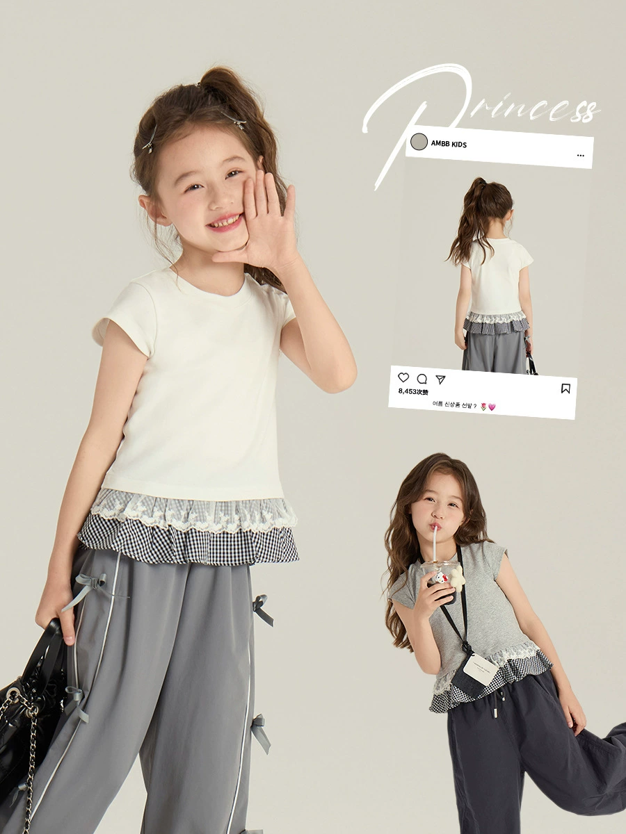 艾мо贝贝 Lace children's summer clothing, T-shirt, Korean style, with short sleeve