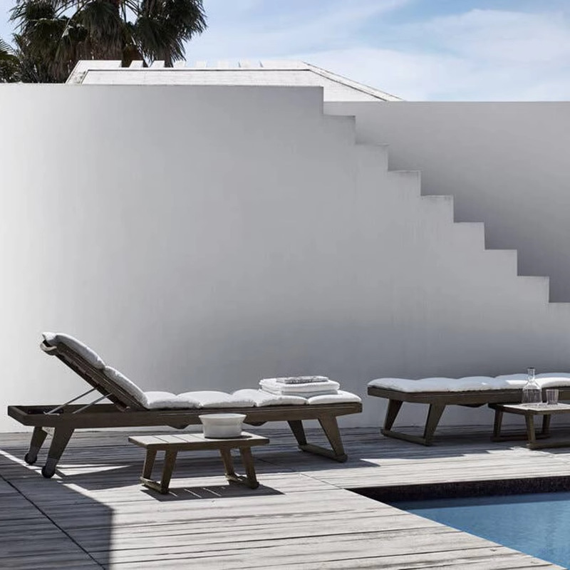 Cama al aire libre de teca hotel villa piscina solarium sillón impermeable al aire libre de madera maciza trenzada silla de playa