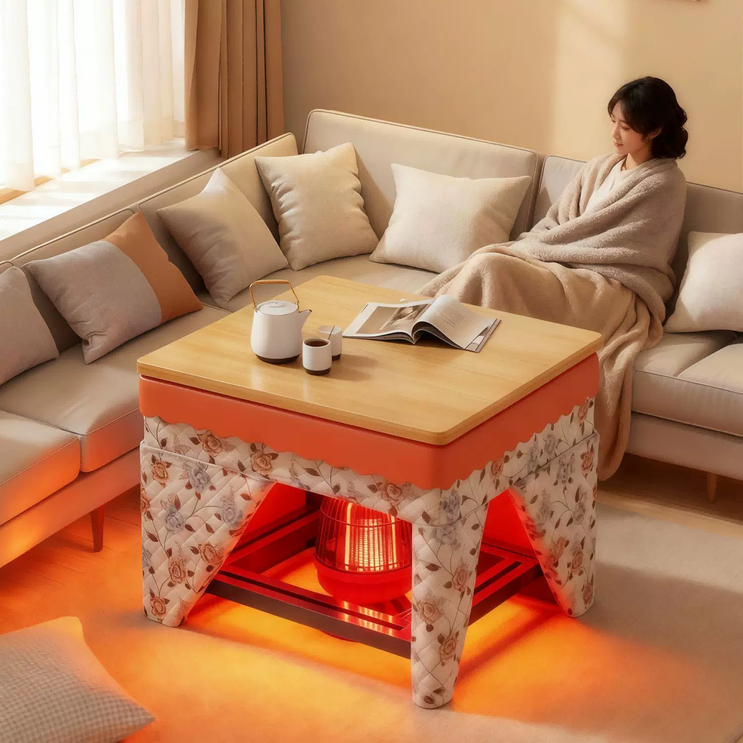 烤火桌子家用正方形餐桌饭桌不锈钢取暖桌冬季可折叠烤火架四方形