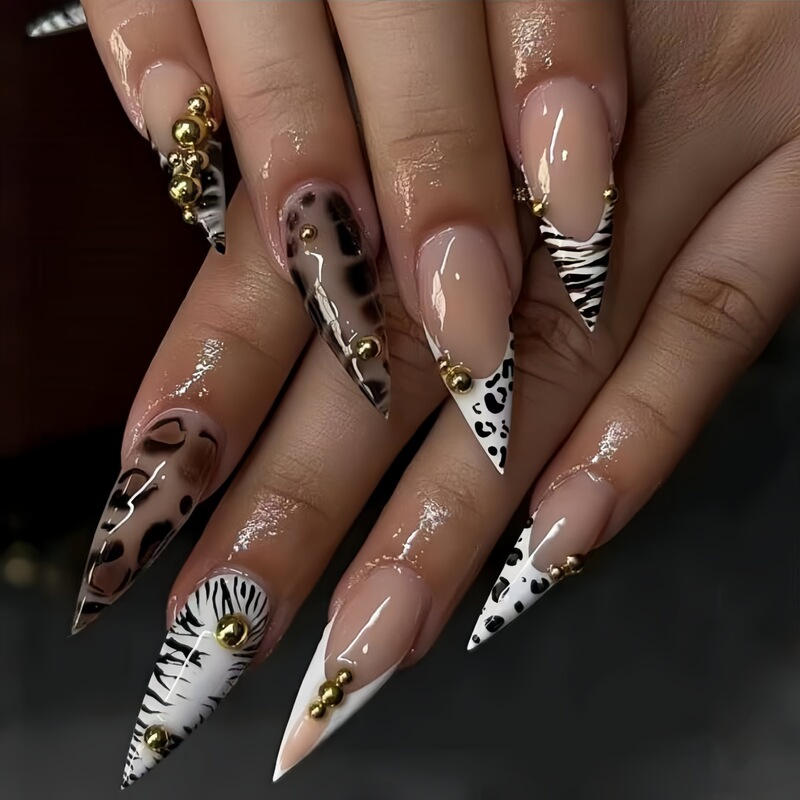 Fashion European and American Ins Style Round Toe Long Almond Nails with Sparkling Diamond Nail Patches Leopard Print Gradient Nail Art Wholesale
