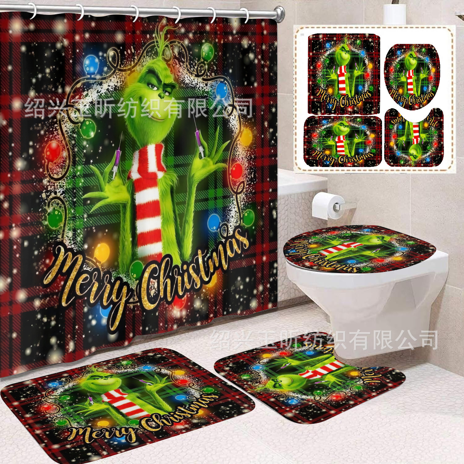 Tela de cortina de ducha transfronteriza, cortina de ducha impermeable, alfombra antideslizante de baño, juego de Grinch 4 de pelo verde al por mayor, sin perforación